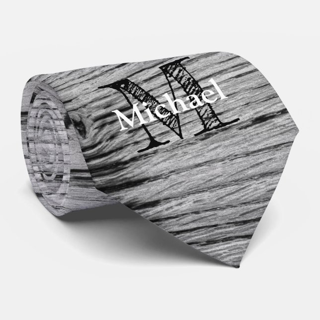 Vintage rustic gray black burnt wood Monogram Tie (Rolled)