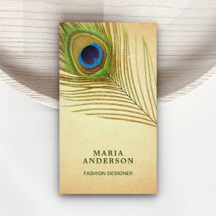 Vintage Rustic Green Indian Peacock Feather Business Card