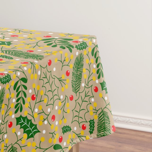 Vintage Rustic Greenery Holly Berry Christmas Tablecloth (In Situ)