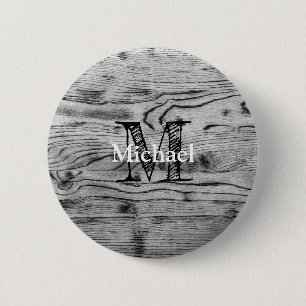 Vintage rustic grey black burnt wood Monogram 6 Cm Round Badge