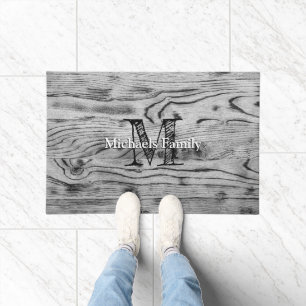 Vintage rustic grey black burnt wood Monogram Doormat