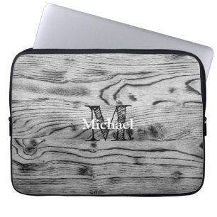 Vintage rustic grey black burnt wood Monogram Laptop Sleeve