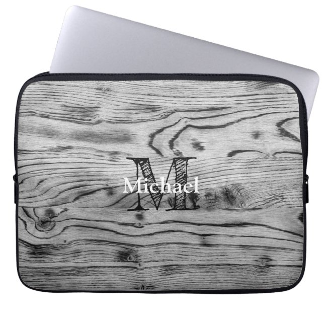 Vintage rustic grey black burnt wood Monogram Laptop Sleeve (Front)