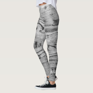 Vintage rustic grey black burnt wood Monogram Leggings