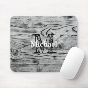 Vintage rustic grey black burnt wood Monogram Mouse Mat