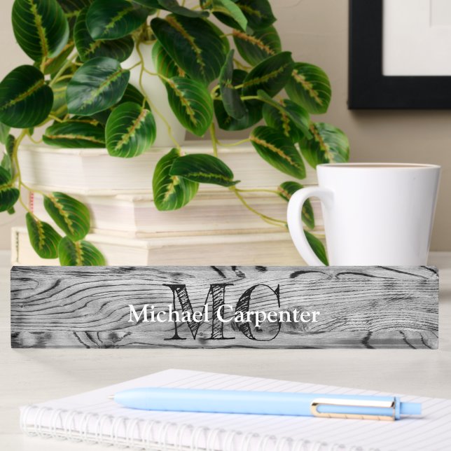 Vintage rustic grey black burnt wood Monogram Nameplate
