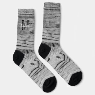 Vintage rustic grey black burnt wood Monogram Socks