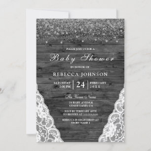 Vintage Rustic Grey Wood Lace Baby Shower Invite