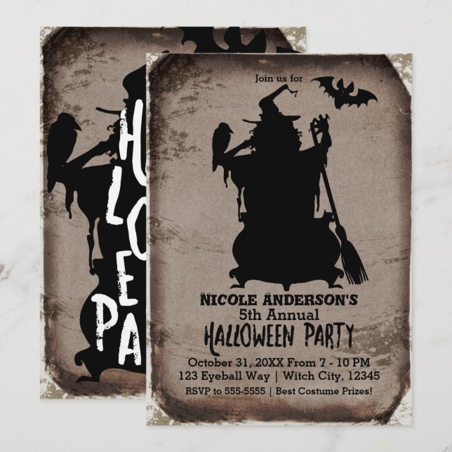 Vintage Rustic Halloween Witch Cauldron Party Invitation (Front/Back)