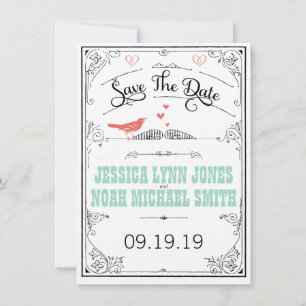 Vintage Rustic Hearts Mint Coral Save the Date