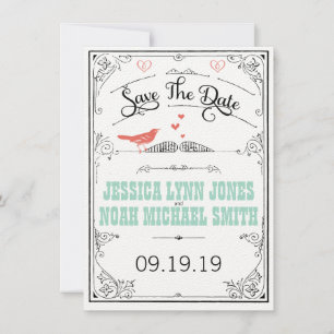 Vintage Rustic Hearts Mint Coral Save the Date