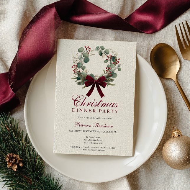 Vintage Rustic Holiday Wreath Christmas Party Invitation (Vintage Rustic Holiday Wreath Christmas Party Invitation)