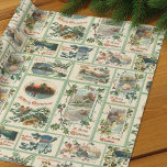Vintage Rustic Holly Christmas Card Collage Wrapping Paper<br><div class="desc">Festive and colorful collage featuring antique Christmas cards with rustic landscapes,  greetings,  flowers and holly with light green borders. Pattern is seamless and can be scaled up or down.</div>