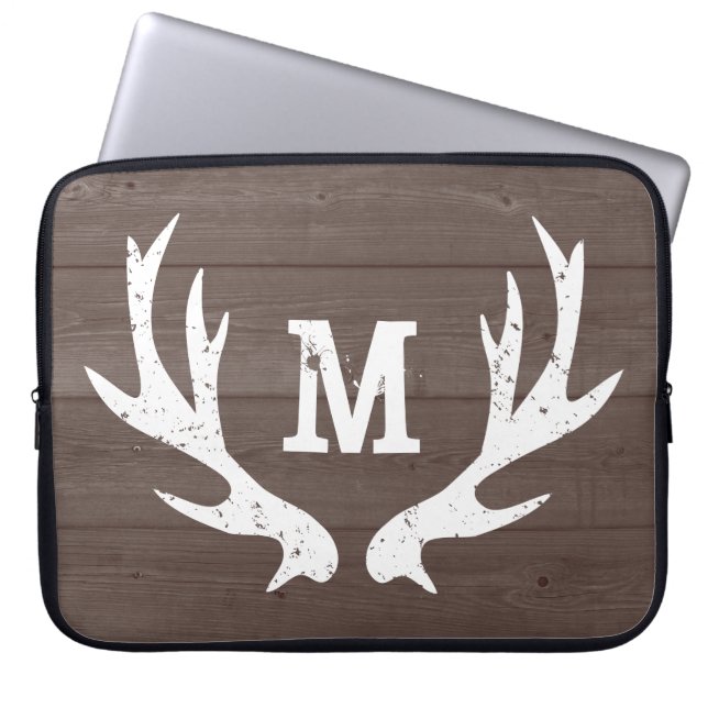 Vintage rustic hunting deer antlers laptop sleeve (Front)