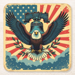 Vintage & Rustic July 4th Eagle Liberty Bell 1776 Square Paper Coaster