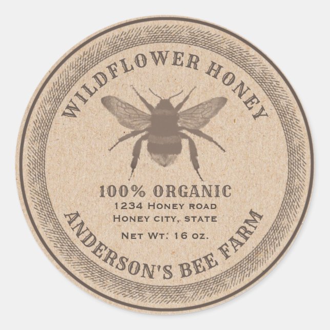 Vintage rustic Kraft bee  honey jar label (Front)