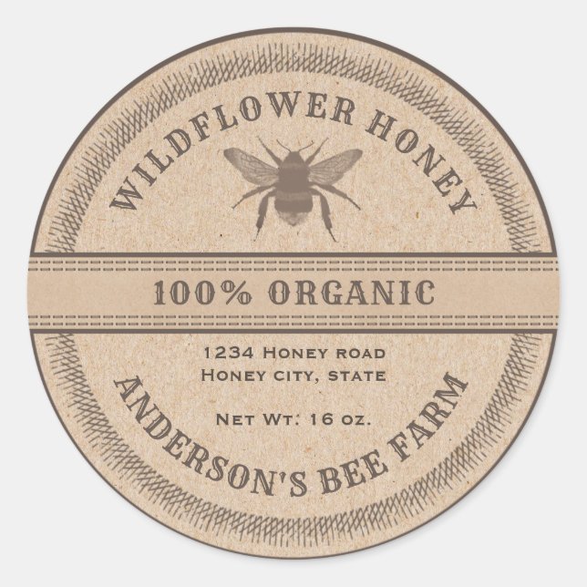 Vintage rustic Kraft bee  honey jar label (Front)