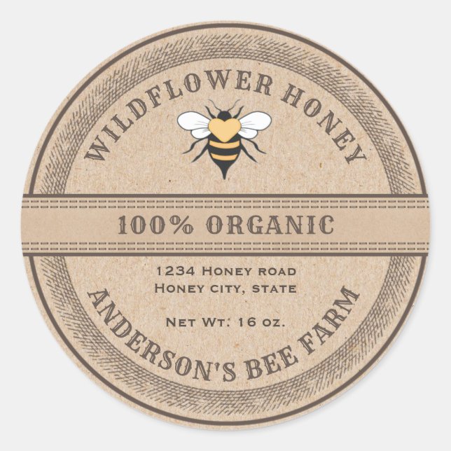Vintage rustic Kraft bee  honey jar label (Front)