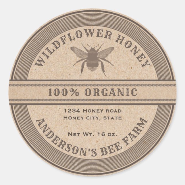 Vintage rustic Kraft bee  honey jar label (Front)
