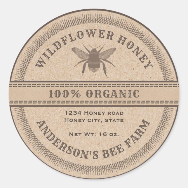 Vintage rustic Kraft bee  honey jar label (Front)