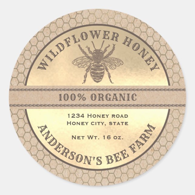 Vintage rustic Kraft gold bee  honey jar label (Front)