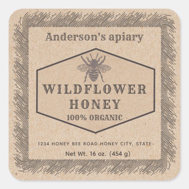 Vintage rustic Kraft honey bee honey jar label (Front)