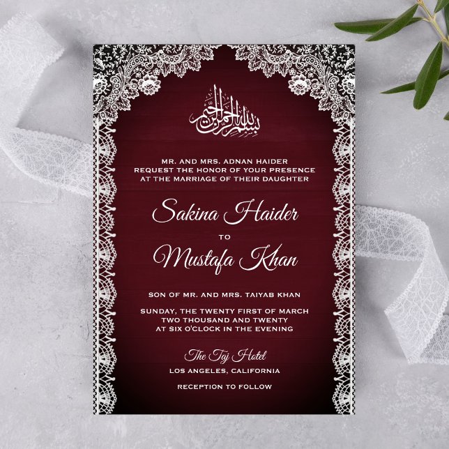 Vintage Rustic Lace Burgundy Islamic Wedding Invitation (Creator Uploaded)