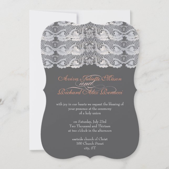 Vintage Rustic Lace Grey and Peach Invitation (Front)