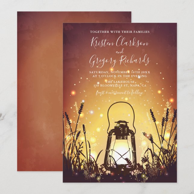 Vintage Rustic Lantern and Fireflies Wedding Invitation (Front/Back)