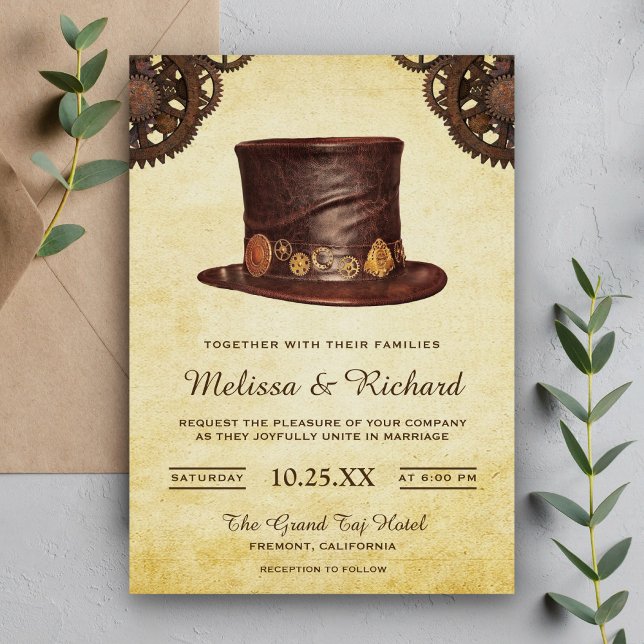 Vintage Rustic Leather Hat Steampunk Wedding Invitation (Creator Uploaded)