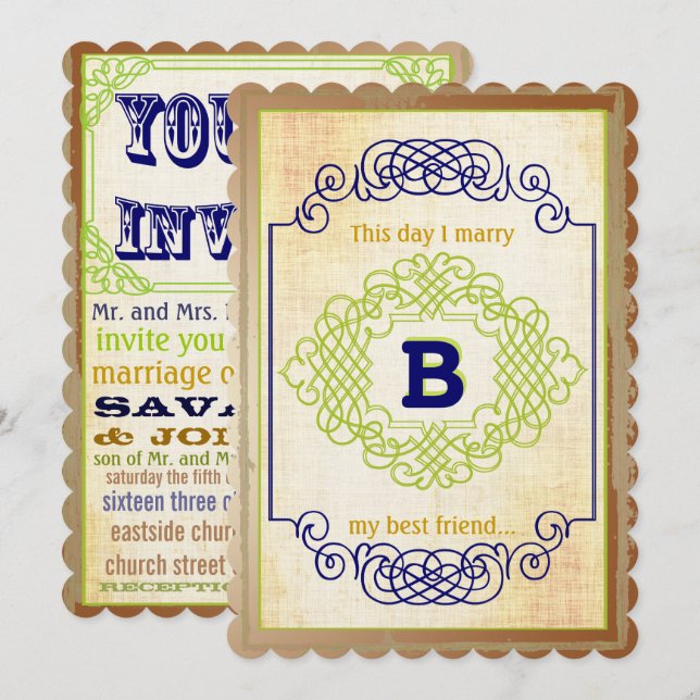 Vintage Rustic Mediaeval Blue Copper and Green Invitation (Front/Back)