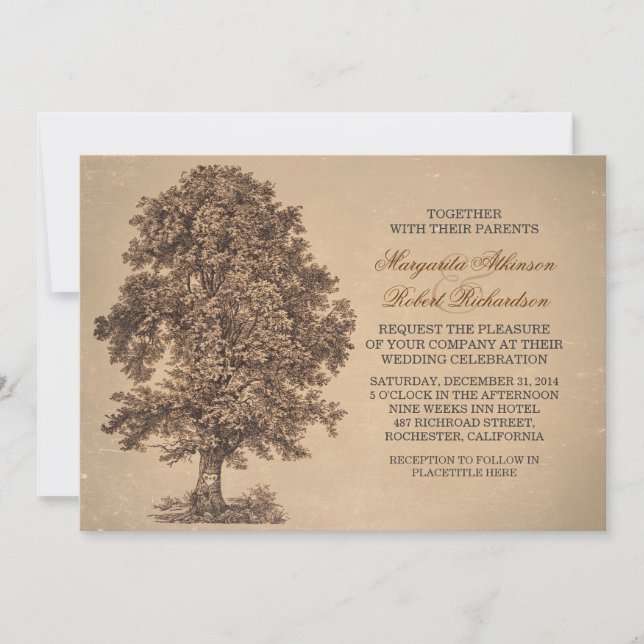 vintage rustic old oak tree wedding invitations (Front)