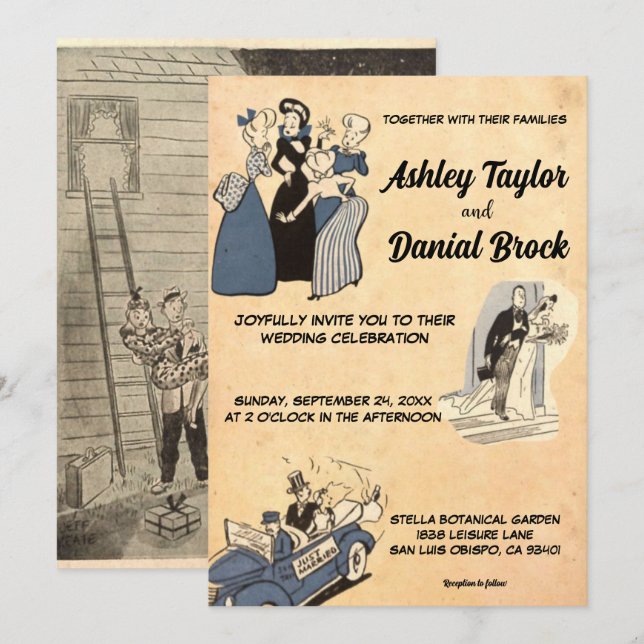 Vintage Rustic Old Romantic Comic Retro Wedding Invitation (Front/Back)