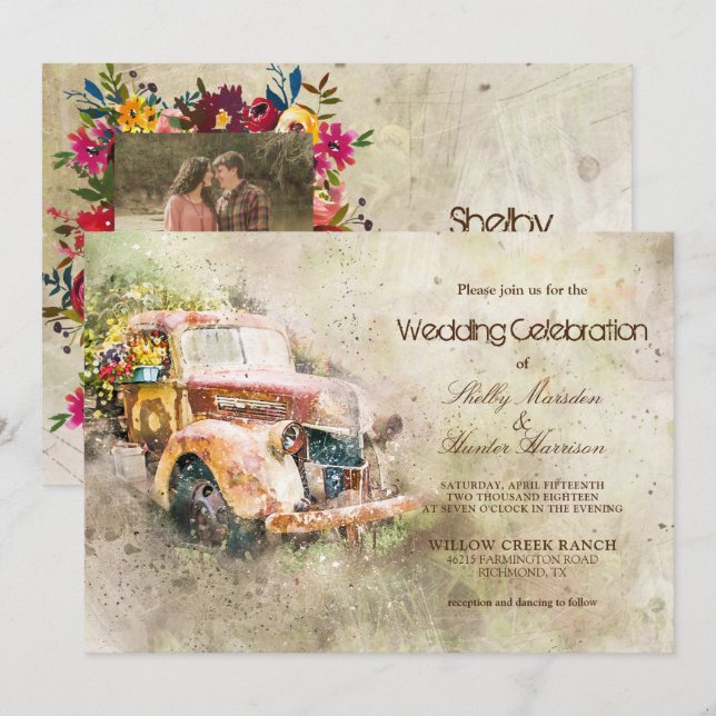 Vintage Rustic Old Truck Trendy Photo Wedding Invitation (Front/Back)