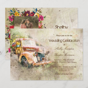 Vintage Rustic Old Truck Trendy Photo Wedding Invitation