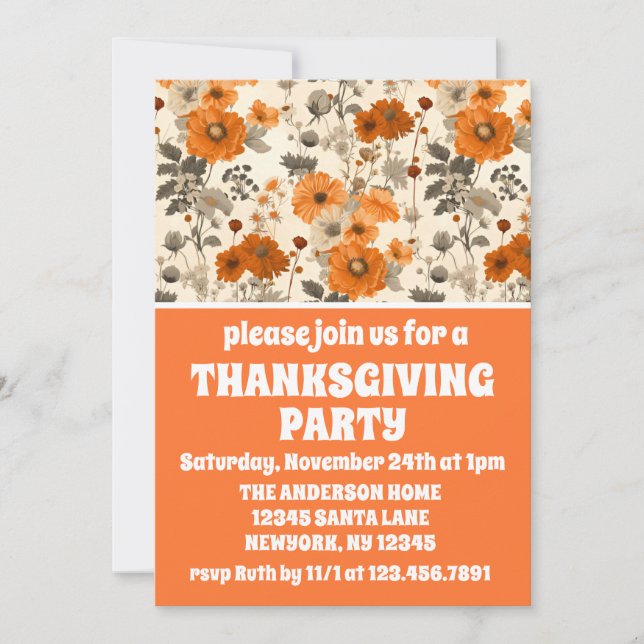 Vintage Rustic Orange Fall Flowers Thanksgiving Invitation (Front)