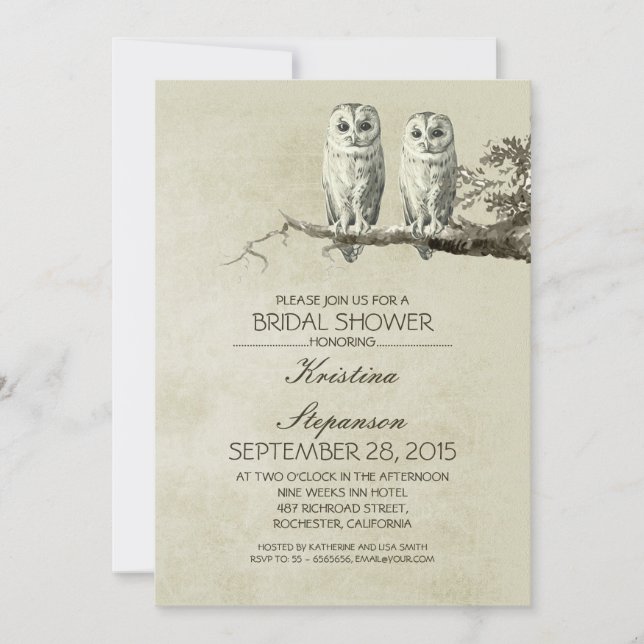 Vintage rustic OWL couple bridal shower invitation (Front)