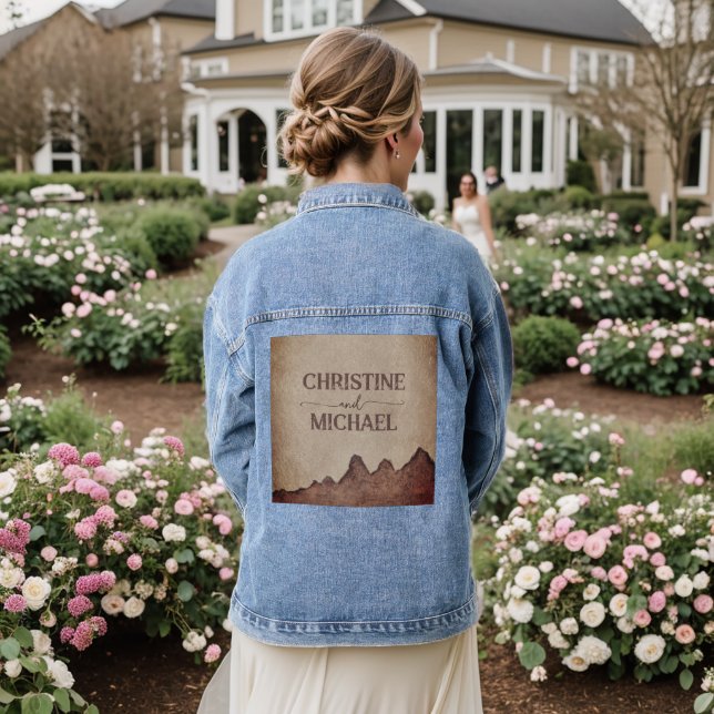 Vintage rustic paper brown mountains wedding denim jacket (Wedding Back)