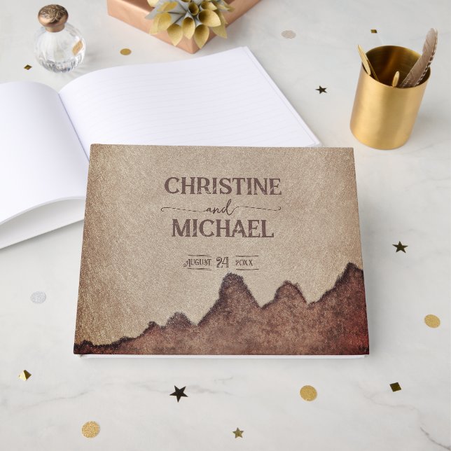 Vintage rustic paper brown mountains wedding guest book (Front Open)