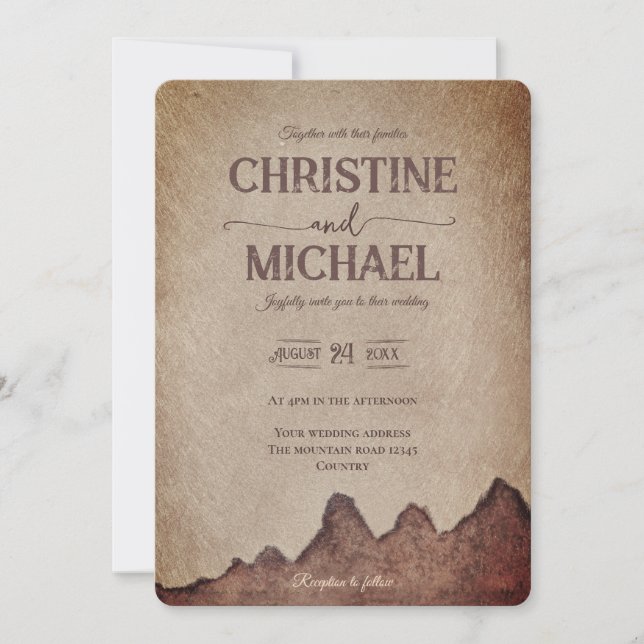 Vintage rustic paper brown mountains wedding invitation (Front)