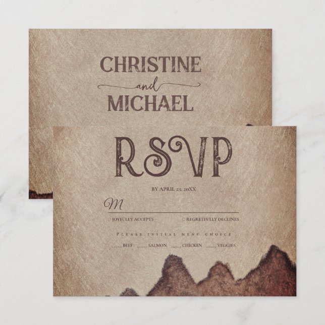 Vintage rustic paper brown mountains wedding RSVP card (Front/Back)