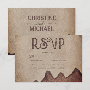 Vintage rustic paper brown mountains wedding RSVP card