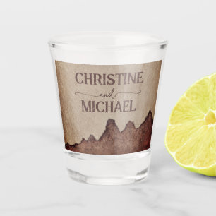 Vintage rustic paper brown mountains wedding shot glass
