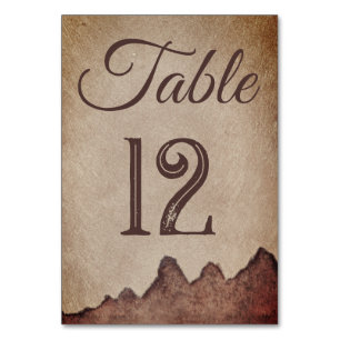 Vintage rustic paper brown mountains wedding table number