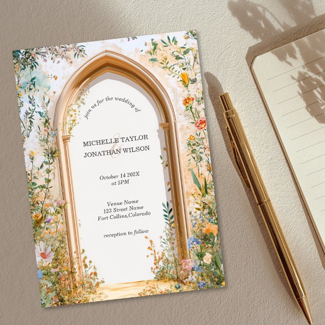 Vintage Rustic Pastel Meadow Wildflower Garden Invitation (romantic meadow flowers stone arch garden wedding invitation)