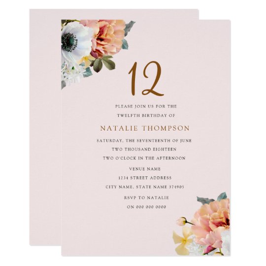 Vintage Rustic Peach Floral 12th Birthday Invite