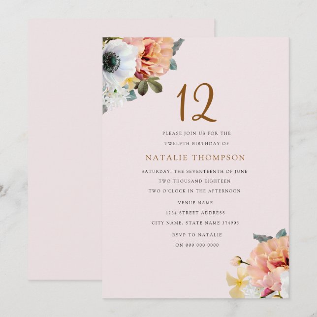 Vintage Rustic Peach Floral 12th Birthday Invite (Front/Back)