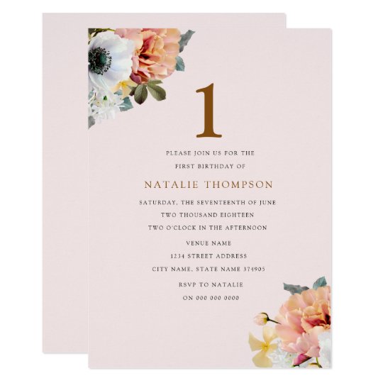 Vintage Rustic Peach Floral 1st Birthday Invite
