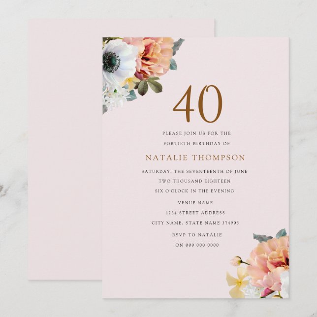 Vintage Rustic Peach Floral 40th Birthday Invite (Front/Back)