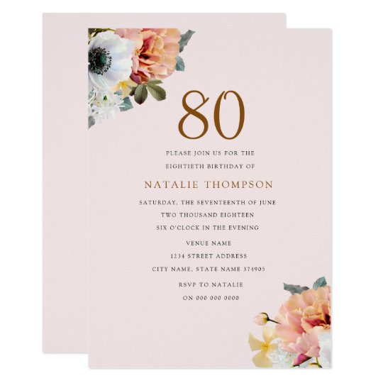 Vintage Rustic Peach Floral 80th Birthday Invite